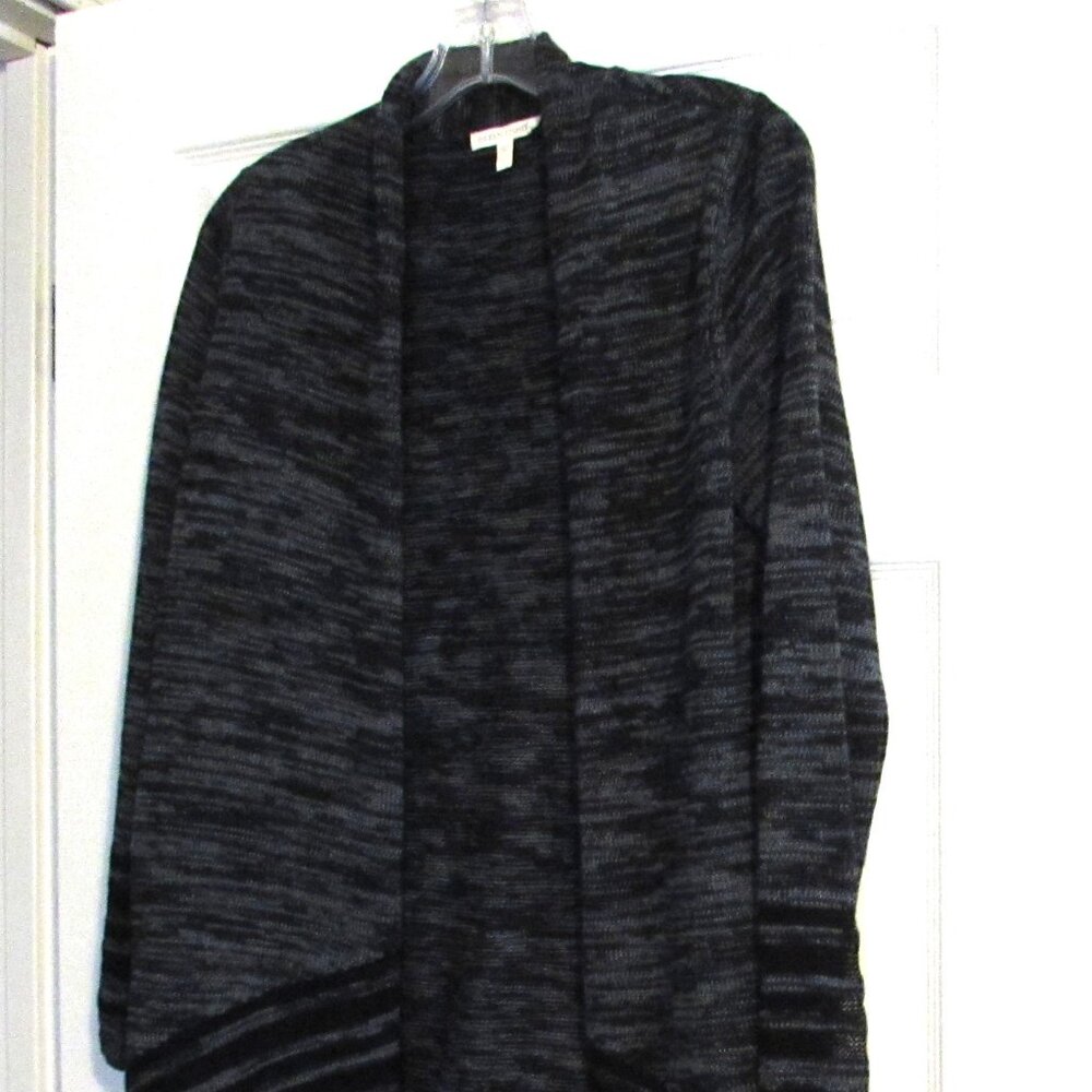 EILEEN FISHER Black & Gray Cardigan Sweater With Sheer Strip at Bottom Size L